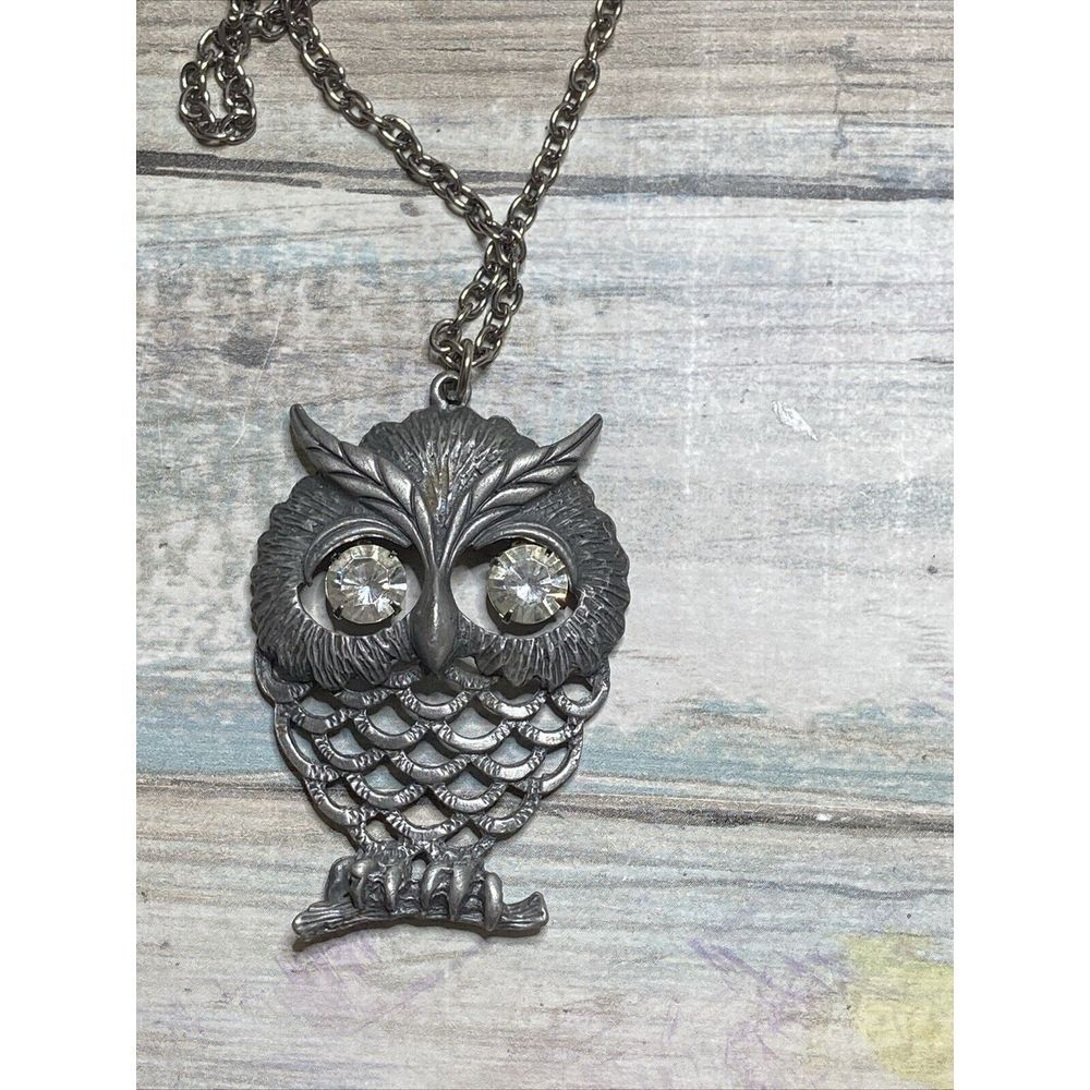 1970 Owl Necklace Lattice pendant rhinestone eyes Vintage Silver tone 24" Chain
